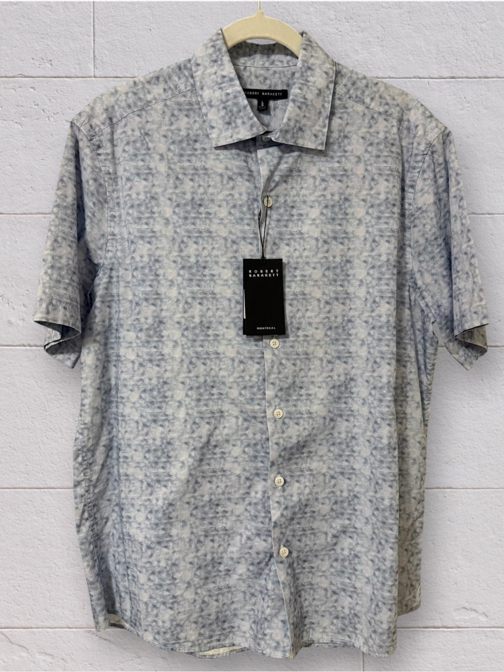 NWT Robert Barakett Mens Blue Longo SS Short Sleeve Woven Shirt Cotton Large